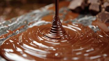 AI generated Close Up of Melted Chocolate on Conveyor Belt photo