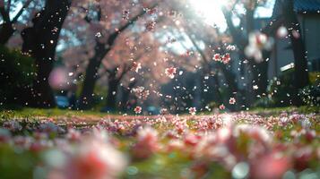 AI generated Tree-Lined Street With Pink Flowers photo