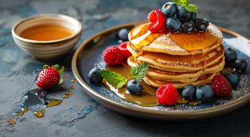 AI generated Stack of Pancakes With Berries and Syrup photo
