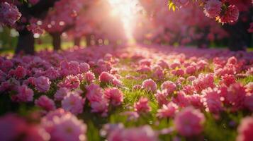 AI generated Tree-Lined Street With Pink Flowers photo
