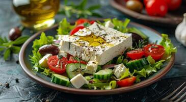 ai generado Fresco ensalada con pepinos, Tomates, Olivos, y queso feta queso foto