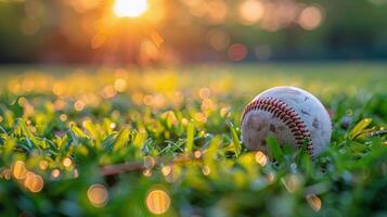 ai generado béisbol en lozano verde campo foto