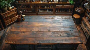 AI generated Wooden Table in Front of Shelf With Bottles photo