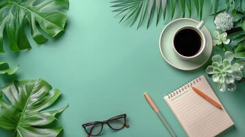 AI generated Coffee Cup, Notepad, Pen, Glasses photo