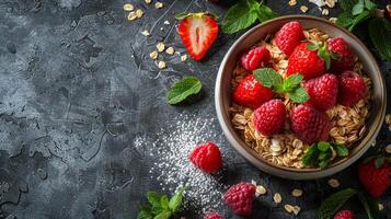 ai generado cuenco de Granola con fresas y menta hojas foto