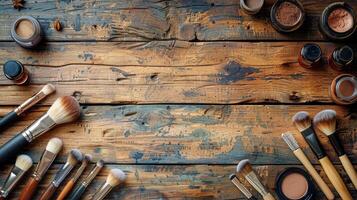 AI generated Wooden Table Covered With Assorted Makeup Products photo