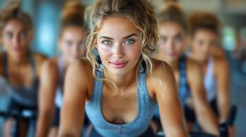 ai generado grupo de joven mujer montando bicicletas foto