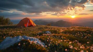 AI generated Tent Pitched on Grass Hill at Sunset photo