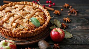 AI generated Apple Pie on Wooden Table Surrounded by Apples and Spices photo