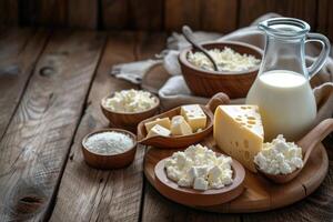 AI generated Dairy products on wooden table. photo