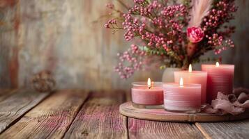 AI generated Group of Pink Candles on Wooden Table photo