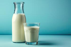 AI generated Milk in the glass and bottle on blue background. photo