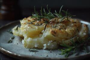 AI generated Crushed, smashed potatoes baked with rosemary and thyme. Black background. Top view. photo