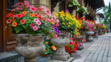 AI generated Decorative flowers in cement pots. photo