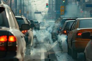 ai generado transporte viaje tráfico Enjambres en carreteras con aire contaminación, fumar desde coche cansada tubería. foto