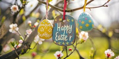 AI generated Colorful Easter eggs hanging on blooming tree branches outdoor in garden. photo