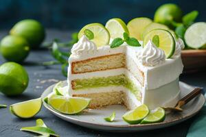 AI generated Delicious lime cake with fresh lime slices and limes. photo