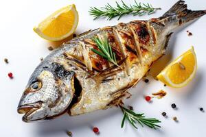 AI generated Grilled dorado fish with lemon on white background photo