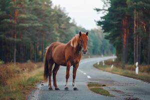 AI generated Horse standing on the road near forest at early morning or evening time. Road hazards, wildlife and transport. photo