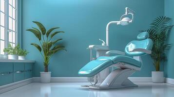 ai generado azul y blanco dentistas silla en un azul habitación foto