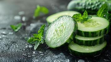 AI generated Sliced Cucumbers and Mints on Green Surface photo