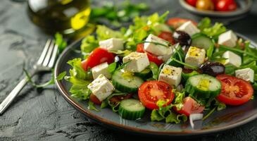 ai generado Fresco ensalada con pepinos, Tomates, Olivos, y queso feta queso foto