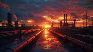 AI generated Sun Setting Over Large Oil Refinery photo