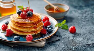 AI generated Stack of Pancakes With Berries and Syrup photo