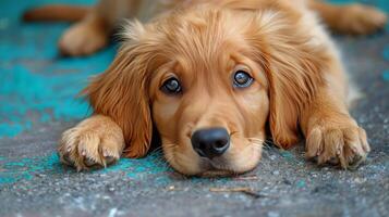 AI generated Small Brown and White Dog Sitting on Wooden Floor photo