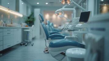 AI generated Blue and White Dentists Chair in a Blue Room photo