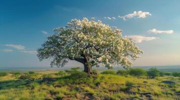 AI generated Large White Tree in Lush Green Field photo