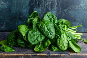 AI generated Fresh spinach leaves on rustic wooden table photo