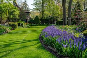 ai generado de cerca de púrpura floración plantas en jardín foto