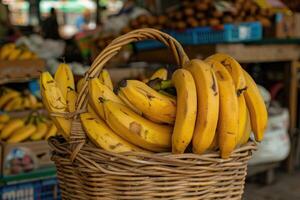 AI generated Ripe yellow bananas in wicker basket at fruit market store. photo