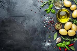 AI generated Food background. Top view of olive oil, potatoes, herbs and spices on rustic black slate. photo