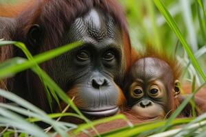 ai generado hembra de el orangután con un bebé en un matorral de césped foto