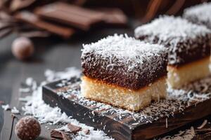 AI generated Lamingtons, sponge cake with chocolate and coconut. photo