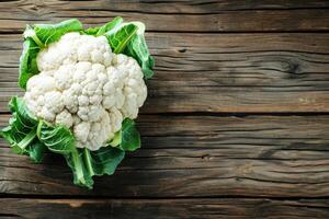 AI generated Fresh raw cauliflower on wooden table, top view. Space for text. photo