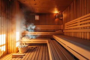 AI generated Empty finnish sauna room modern interior of wooden spa cabin with dry steam. photo