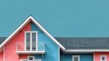 ai generado rojo y azul casa con balcón foto