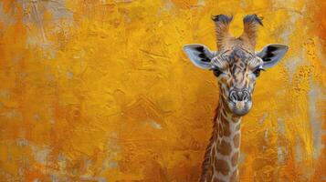 AI generated Giraffe Standing in Front of Yellow Wall photo