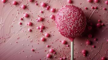 AI generated Red and White Lollipop on Pink Background photo
