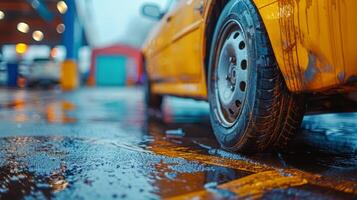 AI generated Close Up of a Yellow Car on a Wet Street photo