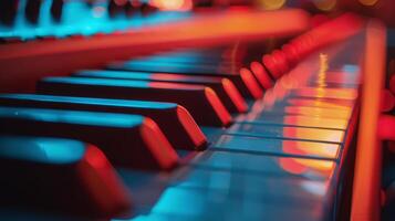 ai generado piano teclado cerca arriba con borroso luces foto