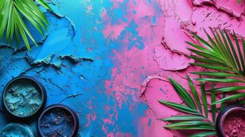 AI generated Pink Background With Green Leaves and Flowers photo
