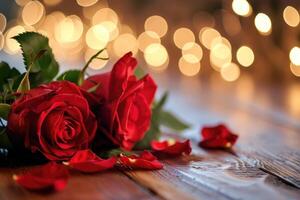 AI generated Red roses on a wooden table against a blurred street scene backdrop under warm intimate lighting. Valentine's Day. photo