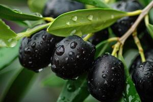 AI generated Ripe black olives on the tree with green leaves and water drops, close up view. photo