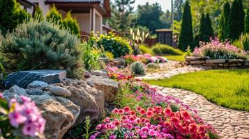 ai generado frente patio trasero, paisaje diseño con multicolor arbustos intersectando con brillante verde céspedes detrás el casa es un moderno foto