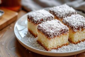 AI generated Lamingtons, sponge cake with chocolate and coconut. photo