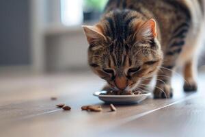 AI generated Close-up of cat eating dry food from bowl. photo